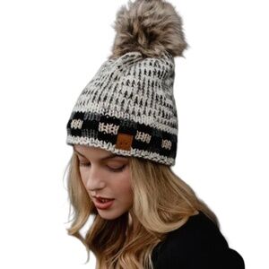 Panache Grey heather w/ grey & Black buffalo plaid trim knit hat (16)